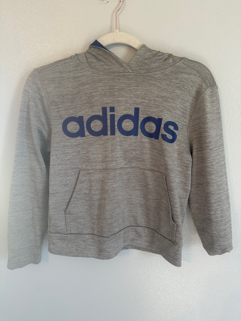adidas Boys Gray Heather Hoodie with Blue Logo Size YSM 8